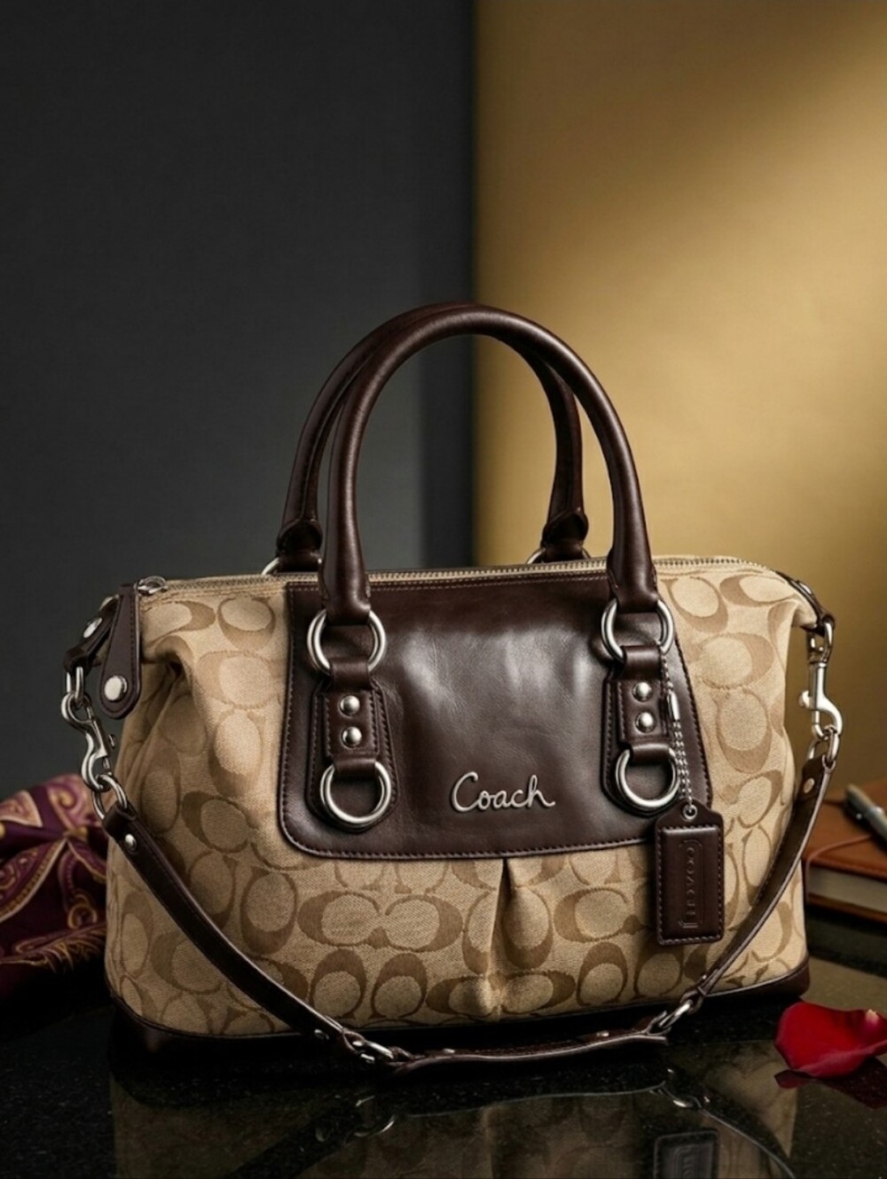 Coach Ashley Signature Satchel Crossbody Bag Brown Khaki Canvas F15443